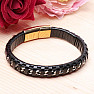 Curb men's black leather bracelet, silver color, gold color clasp