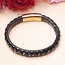 Curb men's black leather bracelet, silver color, gold color clasp