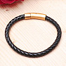 Men's black leather bracelet with a gold-colored buckle