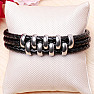 Men's black leather triple bracelet silver color