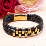 Men's black leather triple bracelet gold color