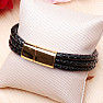 Men's black leather triple bracelet gold color