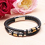 Men's black leather double bracelet with metal decorations