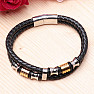 Men's black leather double bracelet with metal decorations