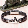 Men's black leather bracelet with stainless steel motorbike