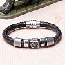 Men's black leather stainless steel bracelet with anchors