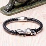 Men's black leather bracelet with a stainless steel dragon