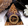 Orgonite pyramid Eye of Horus with amethyst and obsidian