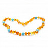 Amber beads for children satin cognac with aquamarine