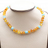 Amber beads for children satin cognac with aquamarine