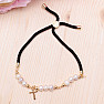 Pearls with cross cord drawstring bracelet black