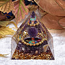 Orgonite pyramid with amethyst and chakra colors