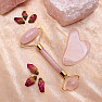 Gift set of massage roller and gua sha heart shape made of rose quartz