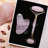 Gift set of massage roller and gua sha heart shape made of rose quartz