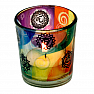 Glass candle holder with chakra symbols for tea and votive candles